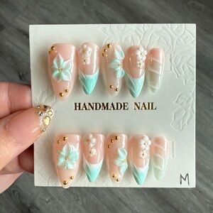 Handmade Pink & Mint Floral Press-On Nails